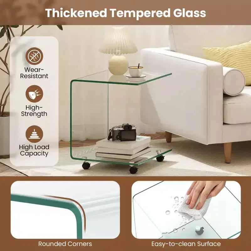 Costway Table d'appoint en C 1/2 pièce avec étagère à 2 niveaux, 4 roulettes pivotantes verrouillables pour salon transparent/blanc