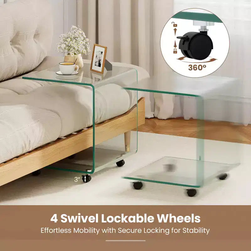Costway Table d'appoint en C 1/2 pièce avec étagère à 2 niveaux, 4 roulettes pivotantes verrouillables pour salon transparent/blanc