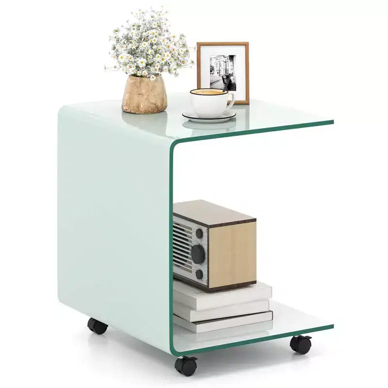 Costway Table d'appoint en C 1/2 pièce avec étagère à 2 niveaux, 4 roulettes pivotantes verrouillables pour salon transparent/blanc