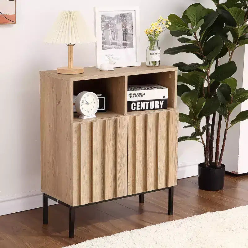 Meuble Buffet de Rangement, Buffet avec 2 Portes Cannelées, Table Bar à Café en Bois pour Entrée, Couloir, Cuisine, Salle à Manger, Salon
