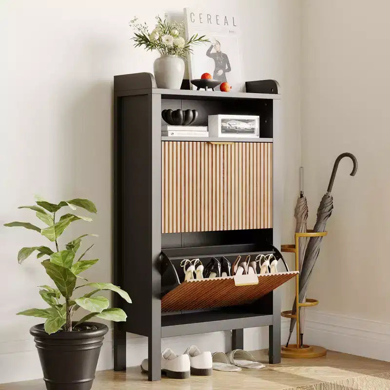 Meuble de Rangement à Chaussures avec 2 Tiroirs Basculants, Meuble à Chaussures Étroit Cannelé sur Pieds, Armoire Autonome Cachée pour Entrée et Couloir