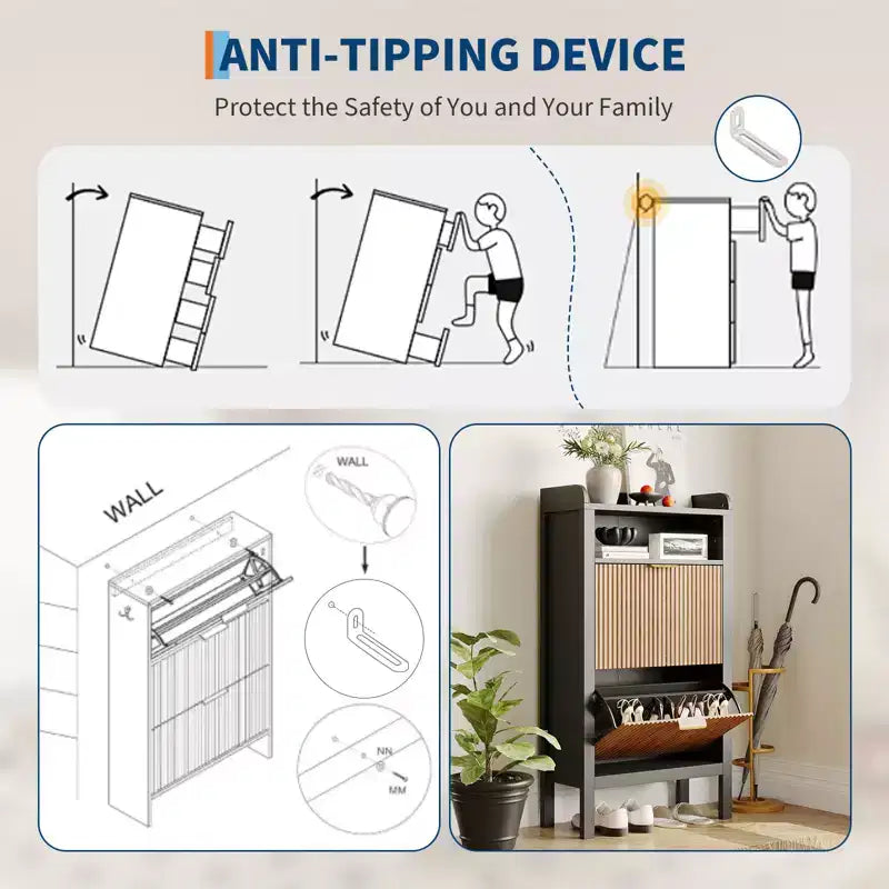 Meuble de Rangement à Chaussures avec 2 Tiroirs Basculants, Meuble à Chaussures Étroit Cannelé sur Pieds, Armoire Autonome Cachée pour Entrée et Couloir
