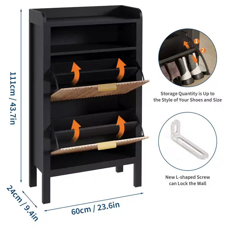 Meuble de Rangement à Chaussures avec 2 Tiroirs Basculants, Meuble à Chaussures Étroit Cannelé sur Pieds, Armoire Autonome Cachée pour Entrée et Couloir