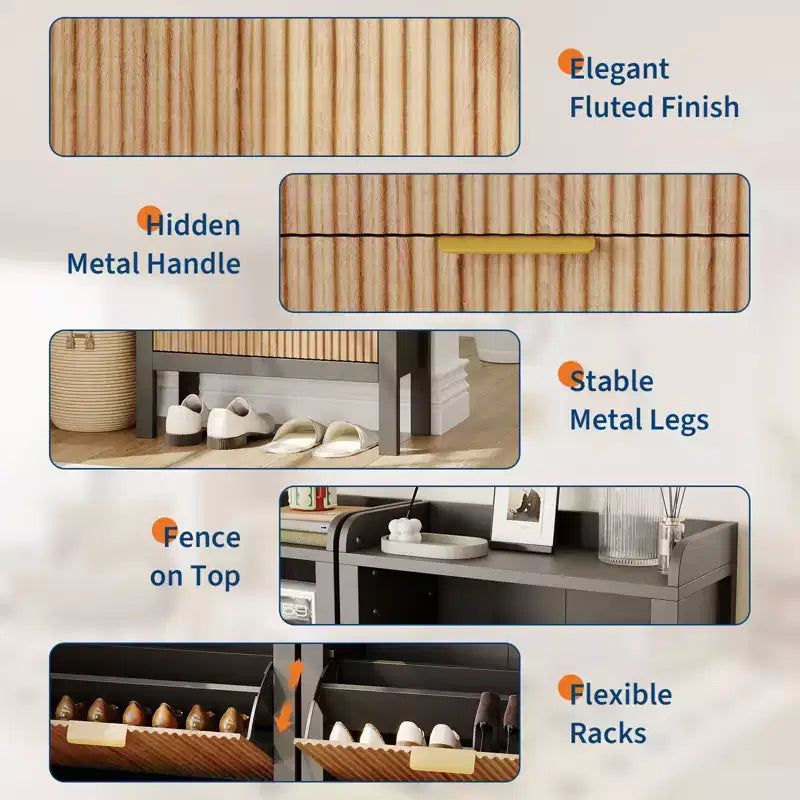 Meuble de Rangement à Chaussures avec 2 Tiroirs Basculants, Meuble à Chaussures Étroit Cannelé sur Pieds, Armoire Autonome Cachée pour Entrée et Couloir