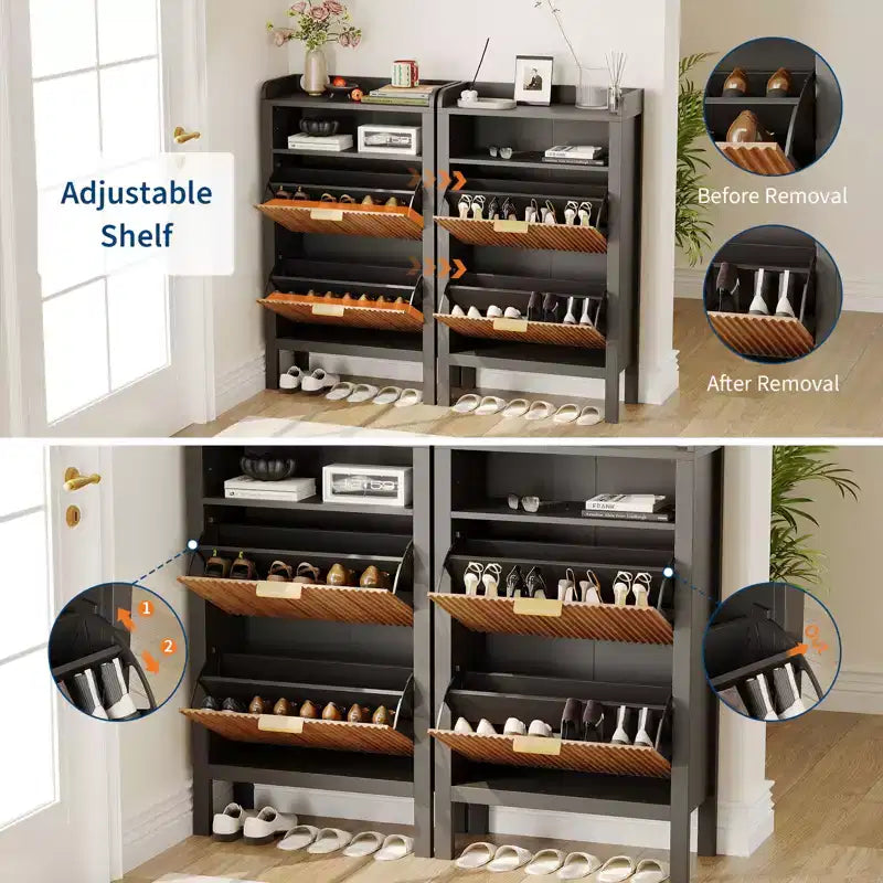 Meuble de Rangement à Chaussures avec 2 Tiroirs Basculants, Meuble à Chaussures Étroit Cannelé sur Pieds, Armoire Autonome Cachée pour Entrée et Couloir