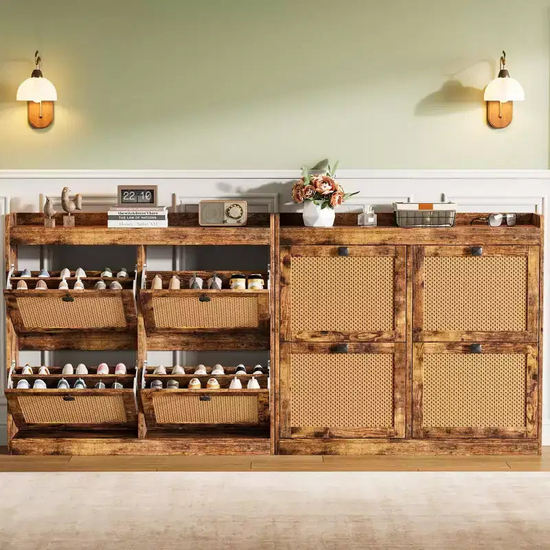 Meuble à chaussures avec 4 tiroirs à bascule profonds, armoire de rangement pour chaussures autoportante en bois, organisateur de chaussures, rangement à chaussures caché pour entrée, couloir, lot de 2