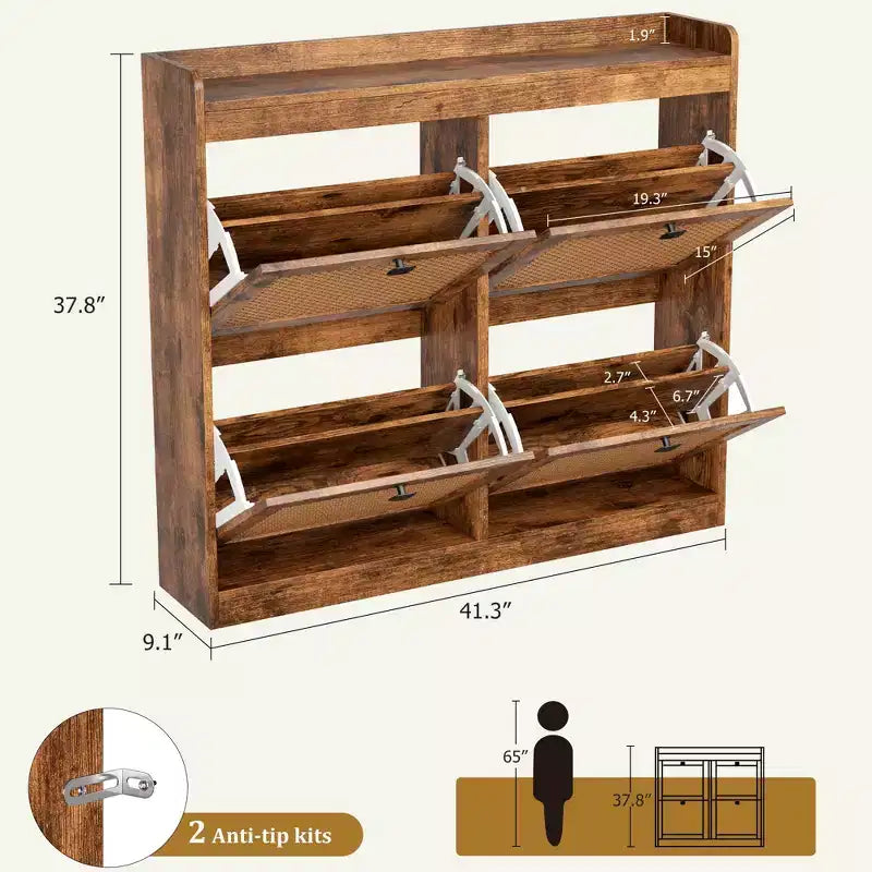 Meuble à chaussures avec 4 tiroirs à bascule profonds, armoire de rangement pour chaussures autoportante en bois, organisateur de chaussures, rangement à chaussures caché pour entrée, couloir, lot de 2