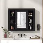 AMMER 35 x 28 Wall Mounted Bathroom Storage Cabinet, Modern Bathroom Wall Cabinet with Mirror, Mirror Cabinet with 6 Open Shelves, Black