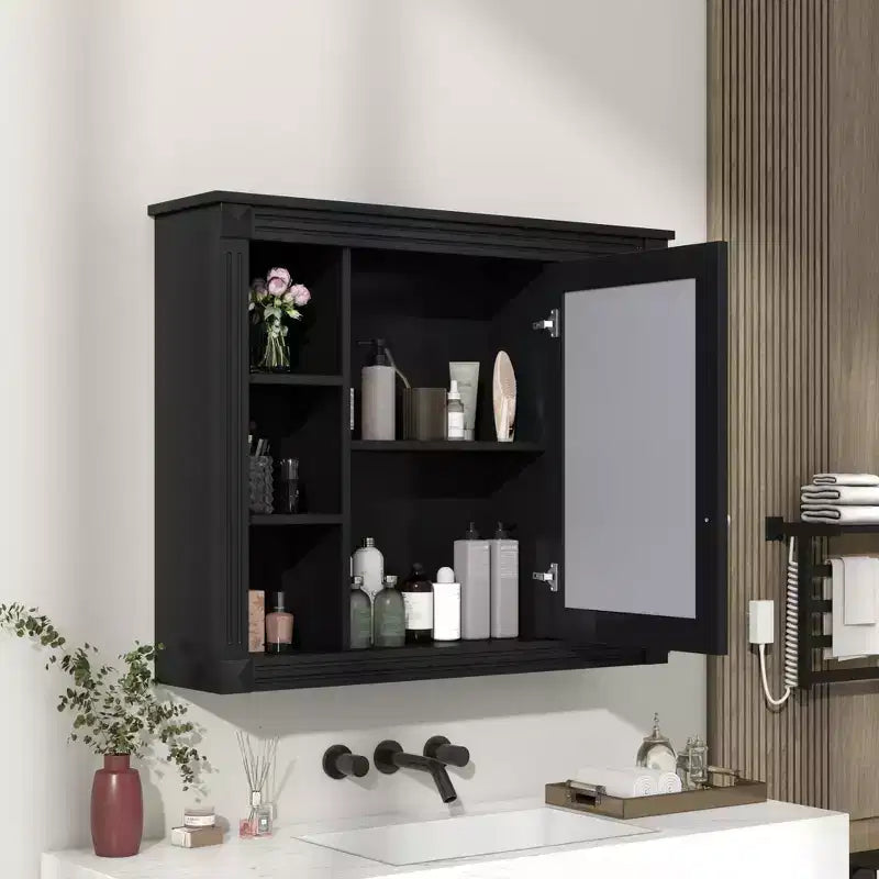 AMMER Armoire de Salle de Bain Murale 35 x 28, Armoire Murale de Salle de Bain Moderne avec Miroir, Armoire à Miroir avec 6 Étagères Ouvertes, Noir