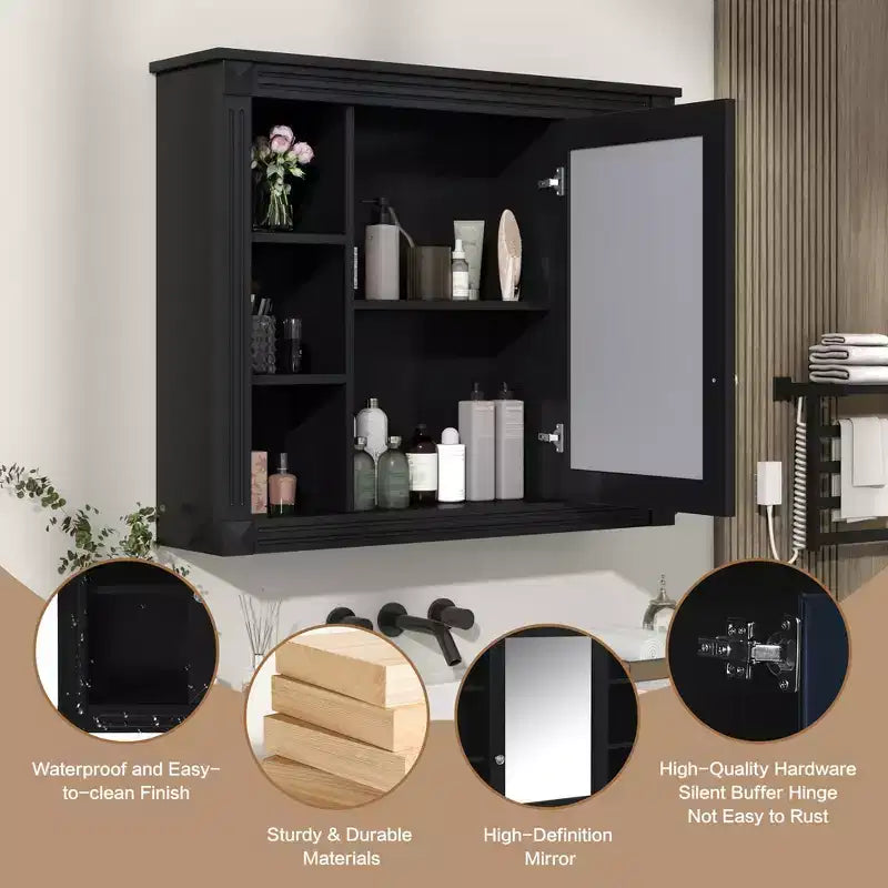 AMMER Armoire de Salle de Bain Murale 35 x 28, Armoire Murale de Salle de Bain Moderne avec Miroir, Armoire à Miroir avec 6 Étagères Ouvertes, Noir