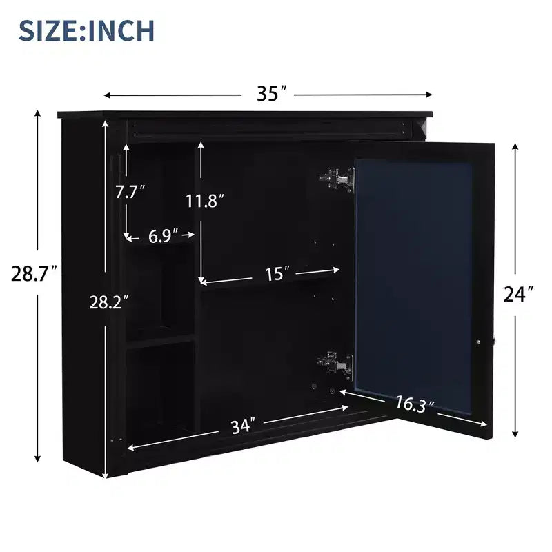AMMER Armoire de Salle de Bain Murale 35 x 28, Armoire Murale de Salle de Bain Moderne avec Miroir, Armoire à Miroir avec 6 Étagères Ouvertes, Noir
