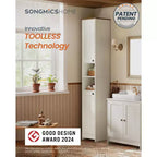 SONGMICS HOME Meuble de rangement, assemblage sans outil ultrarapide, armoire haute et mince avec étagères réglables, compartiments ouverts, blanc rustique