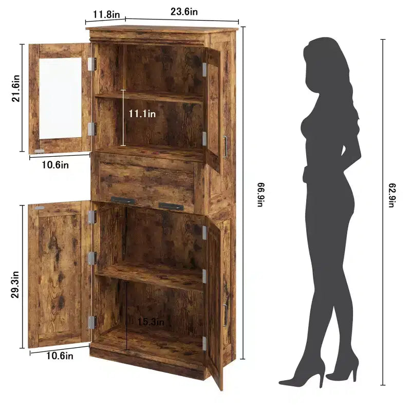 Meuble de rangement haut de 67 pouces avec 4 portes, étagères réglables et tiroir en verre rabattable, pour salle de bain, cuisine, salon