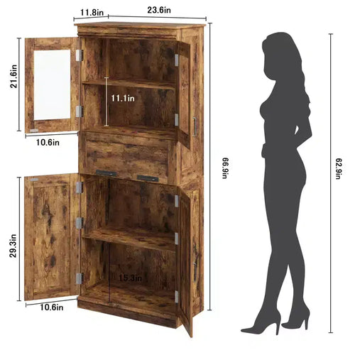 Meuble de rangement haut de 67 pouces avec 4 portes, étagères réglables et tiroir en verre rabattable, pour salle de bain, cuisine, salon
