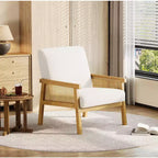 Rattan Accent Chair - Boucle Armchair, Upholstered Reading Chair with Wooden Frame, High Back, Leisure Chair for Living Room Bedroom