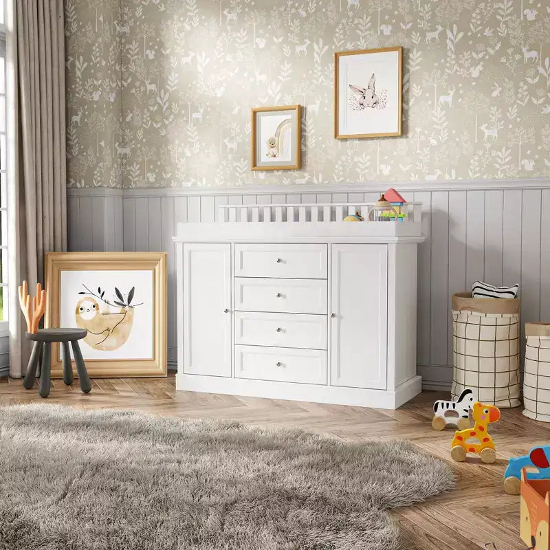 Commode à langer blanche Famapy - Organisateur de chambre d'enfant spacieux avec tiroirs et armoires pour couches, vêtements et jouets