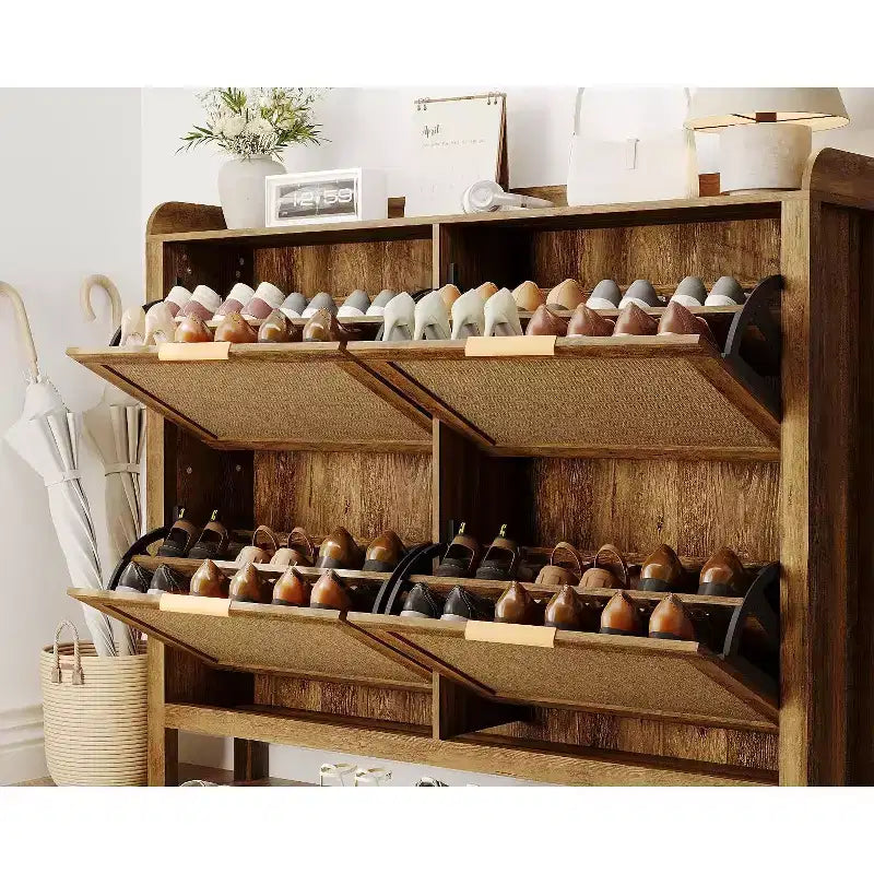 Acekool 47 Meuble à chaussures en rotin 4 tiroirs à bascule Boho Ferme Organisateur étroit pour entrée