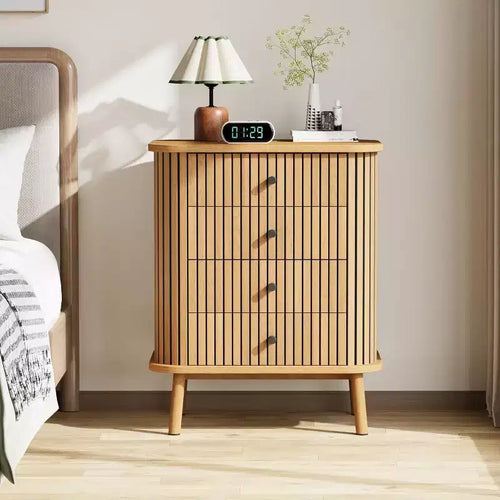 Acekool 4 Drawer Dresser Chest for Bedroom Living Room, Boho Wicker MDF Storage Nightstand with Black Handles Wood Legs, Natural