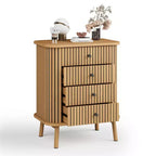 Commode à 4 tiroirs Acekool pour chambre et salon, table de chevet de rangement en MDF avec osier de style bohème, poignées noires et pieds en bois, couleur naturelle
