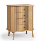 Commode à 4 tiroirs Acekool pour chambre et salon, table de chevet de rangement en MDF avec osier de style bohème, poignées noires et pieds en bois, couleur naturelle