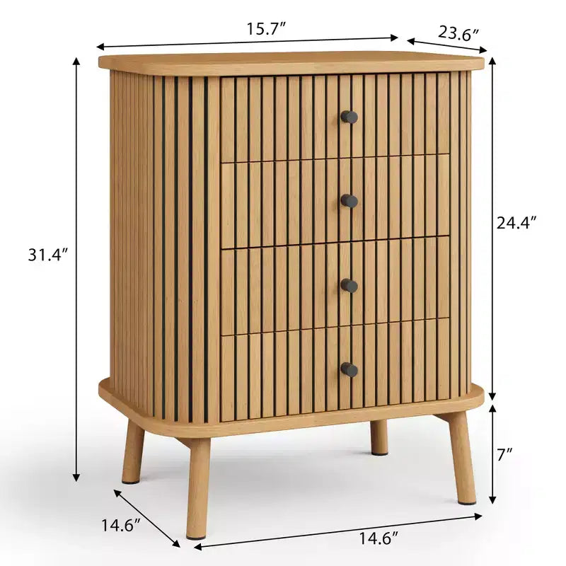 Commode à 4 tiroirs Acekool pour chambre et salon, table de chevet de rangement en MDF avec osier de style bohème, poignées noires et pieds en bois, couleur naturelle