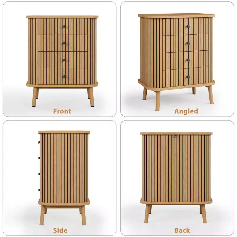 Commode à 4 tiroirs Acekool pour chambre et salon, table de chevet de rangement en MDF avec osier de style bohème, poignées noires et pieds en bois, couleur naturelle