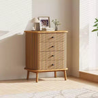 Commode à 4 tiroirs Acekool pour chambre et salon, table de chevet de rangement en MDF avec osier de style bohème, poignées noires et pieds en bois, couleur naturelle