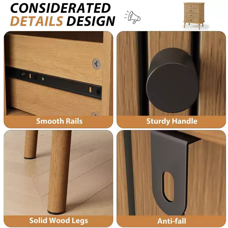 Commode à 4 tiroirs Acekool pour chambre et salon, table de chevet de rangement en MDF avec osier de style bohème, poignées noires et pieds en bois, couleur naturelle