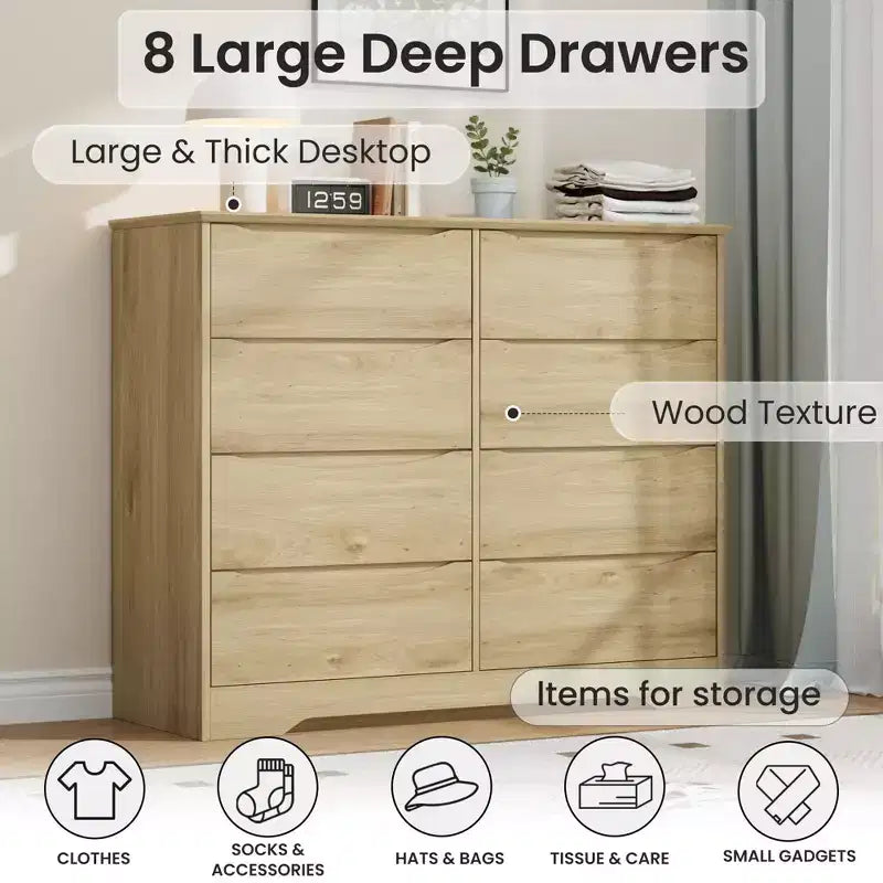 Commode en bois à 8 tiroirs - 120 cm de large, rangement profond pour chambre, salon et couloir