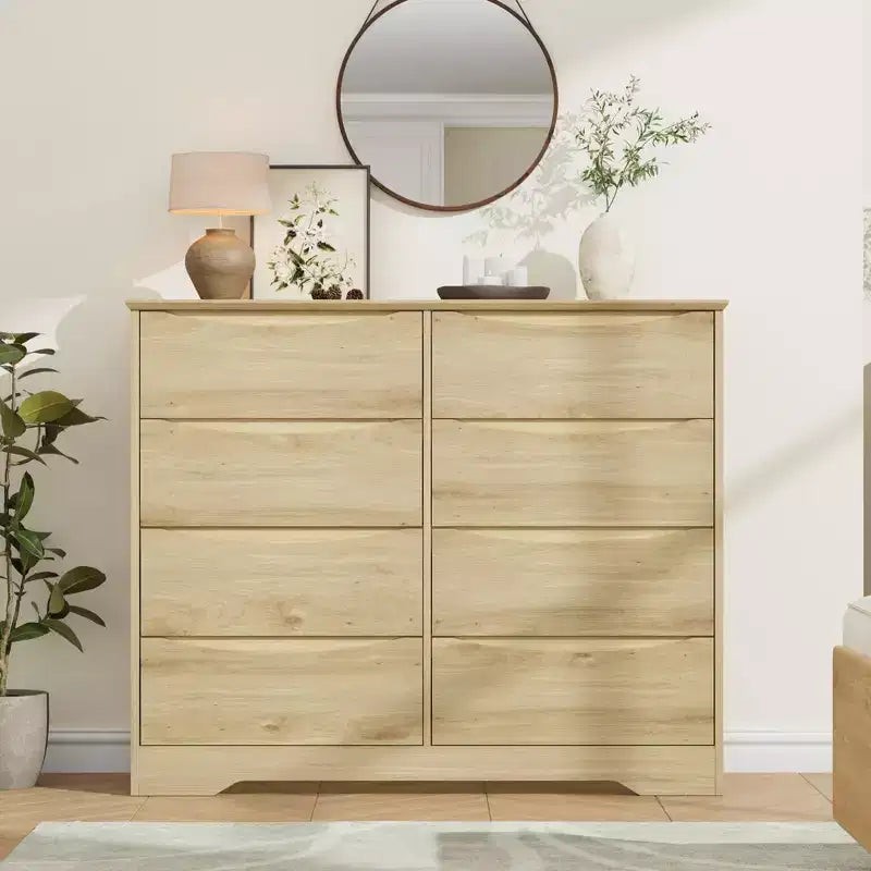 Commode en bois à 8 tiroirs - 120 cm de large, rangement profond pour chambre, salon et couloir
