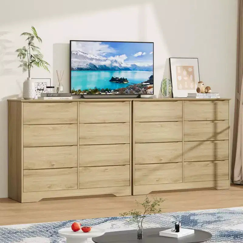 Commode en bois à 8 tiroirs - 120 cm de large, rangement profond pour chambre, salon et couloir