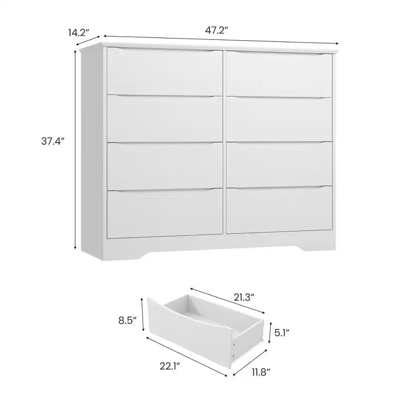 Commode en bois à 8 tiroirs - 120 cm de large, rangement profond pour chambre, salon et couloir