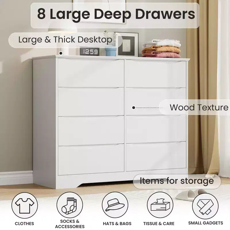 Commode en bois à 8 tiroirs - 120 cm de large, rangement profond pour chambre, salon et couloir