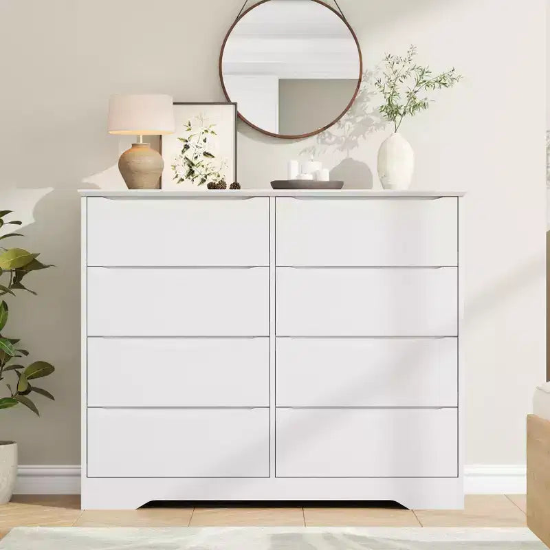 Commode en bois à 8 tiroirs - 120 cm de large, rangement profond pour chambre, salon et couloir