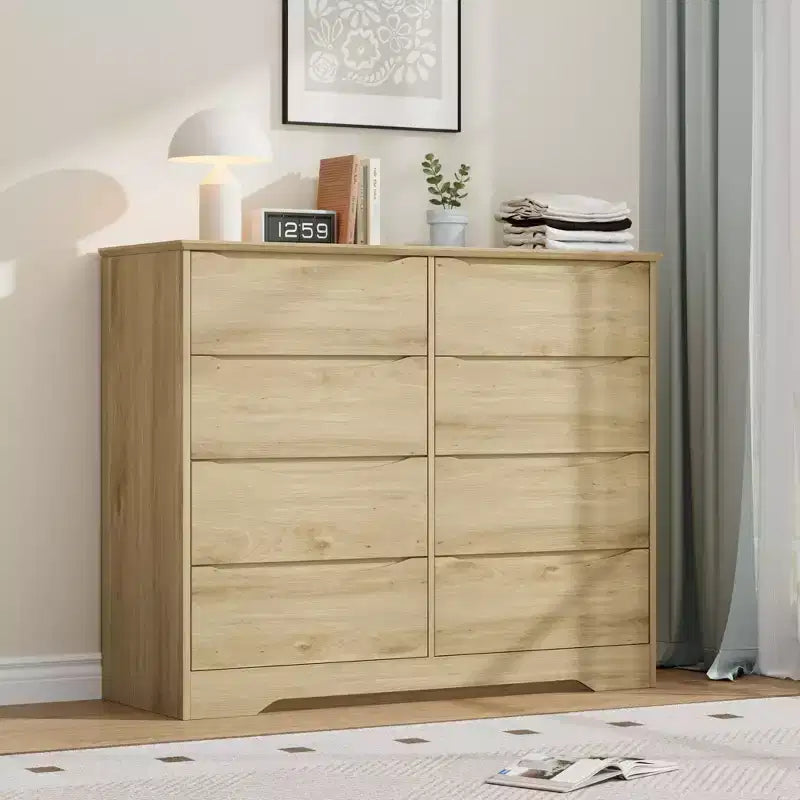 Commode en bois à 8 tiroirs - 120 cm de large, rangement profond pour chambre, salon et couloir