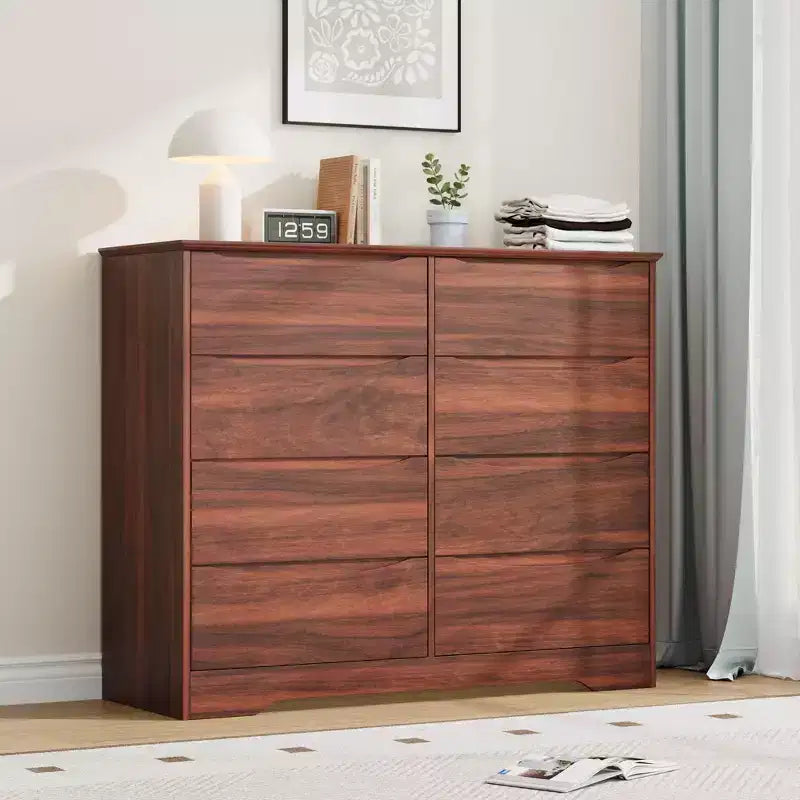 Commode en bois à 8 tiroirs - 120 cm de large, rangement profond pour chambre, salon et couloir