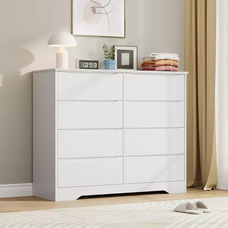 Commode en bois à 8 tiroirs - 120 cm de large, rangement profond pour chambre, salon et couloir