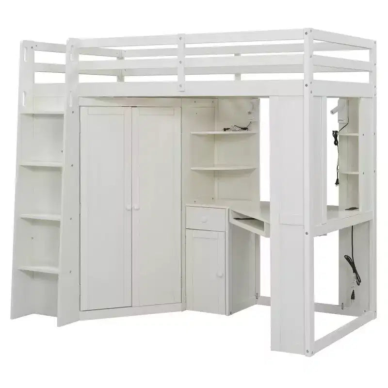 Lit mezzanine tout-en-un Luxystar pour lit simple avec armoire intégrée, bureau, étagères, tablette coulissante pour clavier et spot lumineux