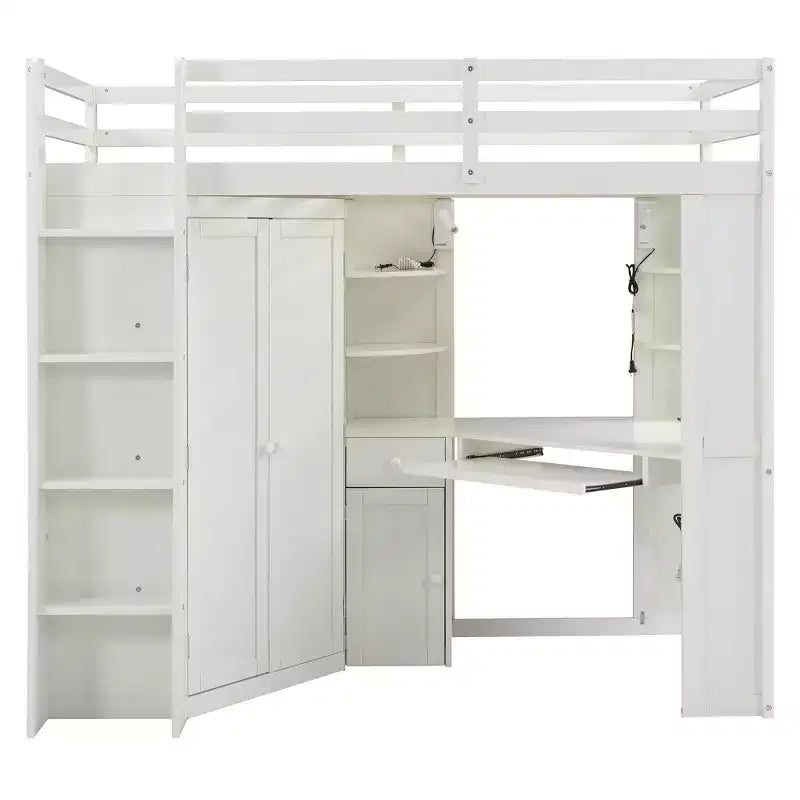 Lit mezzanine tout-en-un Luxystar pour lit simple avec armoire intégrée, bureau, étagères, tablette coulissante pour clavier et spot lumineux