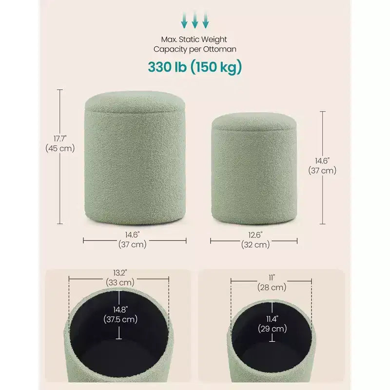 SONGMICS Tabouret de Coiffeuse, Lot de 2, Pouf Rond de Rangement, Petite Table Basse, Repose-Pieds, Couvercle Amovible, Montage Facile, Polaire Teddy