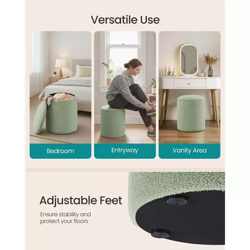 SONGMICS Tabouret de Coiffeuse, Lot de 2, Pouf Rond de Rangement, Petite Table Basse, Repose-Pieds, Couvercle Amovible, Montage Facile, Polaire Teddy
