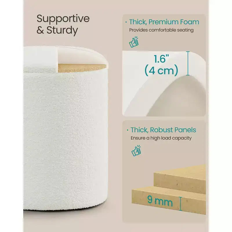 SONGMICS Tabouret de Coiffeuse, Lot de 2, Pouf Rond de Rangement, Petite Table Basse, Repose-Pieds, Couvercle Amovible, Montage Facile, Polaire Teddy