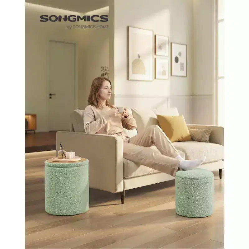 SONGMICS Tabouret de Coiffeuse, Lot de 2, Pouf Rond de Rangement, Petite Table Basse, Repose-Pieds, Couvercle Amovible, Montage Facile, Polaire Teddy