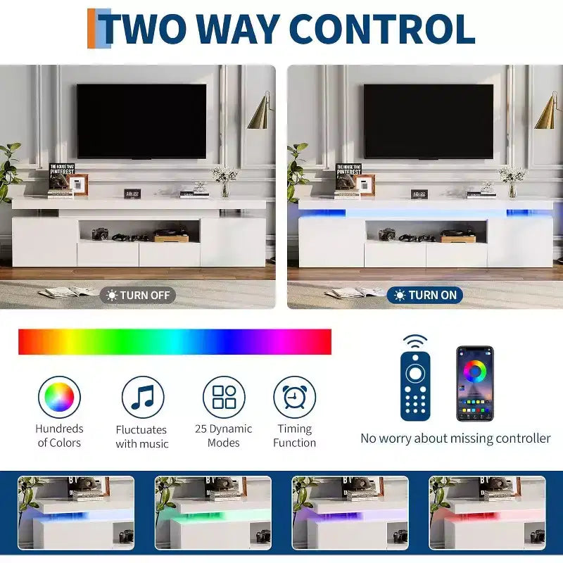 Meuble TV pour téléviseur de 75/80/85 pouces, meuble de divertissement moderne laqué brillant, étagères de rangement en verre, console multimédia pour salon et chambre à coucher
