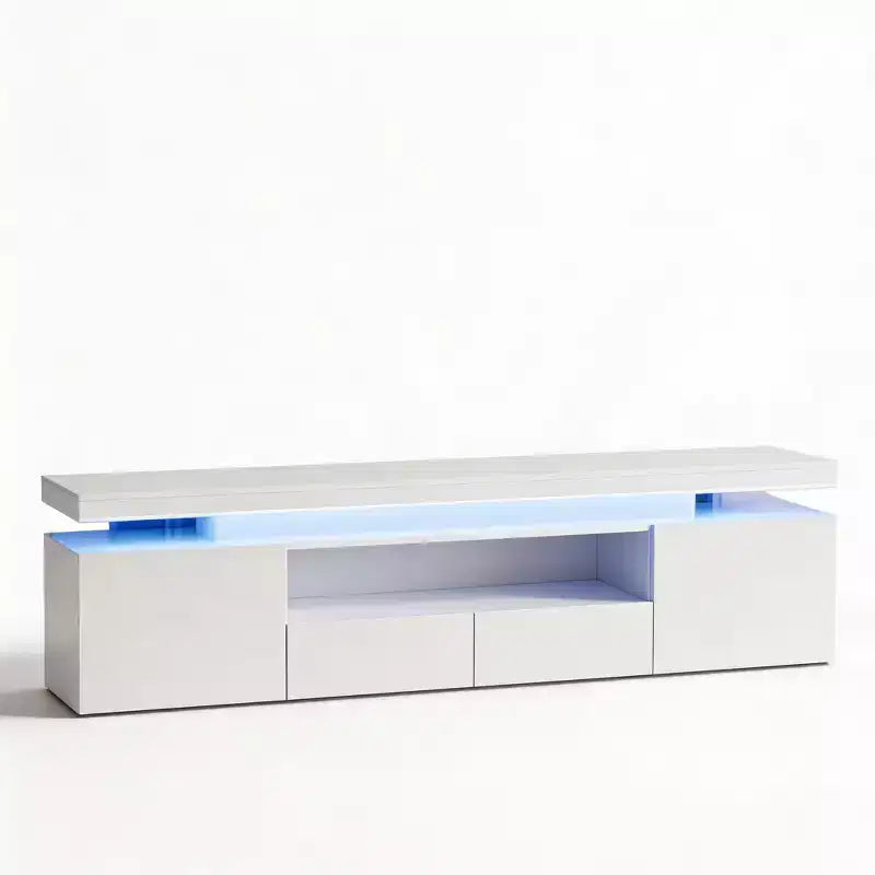 Meuble TV pour téléviseur de 75/80/85 pouces, meuble de divertissement moderne laqué brillant, étagères de rangement en verre, console multimédia pour salon et chambre à coucher