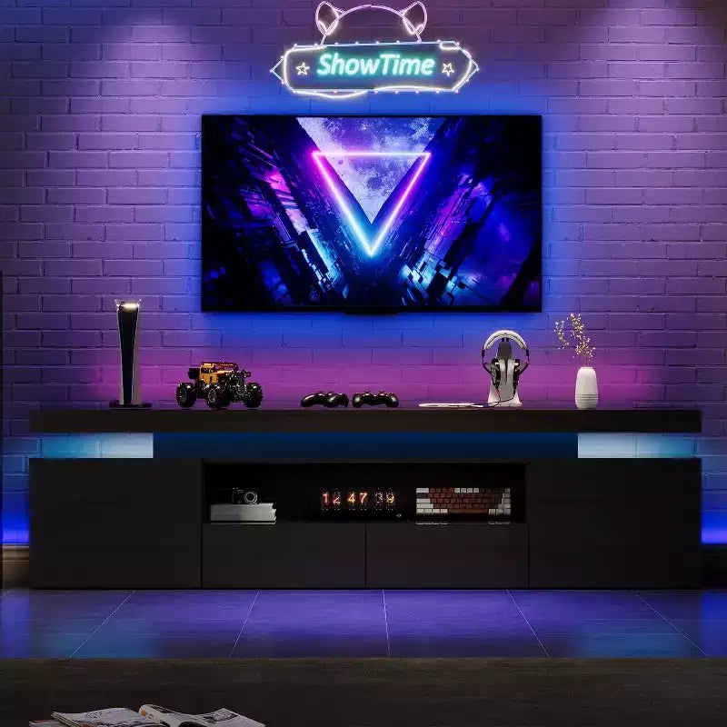 Meuble TV pour téléviseur de 75/80/85 pouces, meuble de divertissement moderne laqué brillant, étagères de rangement en verre, console multimédia pour salon et chambre à coucher