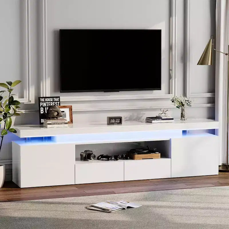 Meuble TV pour téléviseur de 75/80/85 pouces, meuble de divertissement moderne laqué brillant, étagères de rangement en verre, console multimédia pour salon et chambre à coucher