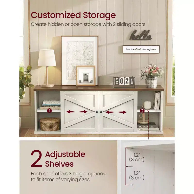 Meuble TV de style rustique VASAGLE pour téléviseurs jusqu'à 80 pouces, meuble de rangement avec placards, console multimédia, blanc rustique et marron miel
