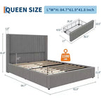 Cadre de lit plateforme DobleePy Queen Size en velours côtelé, gris, tiroirs de rangement, tête de lit capitonnée à oreilles, sommier tapissier non requis