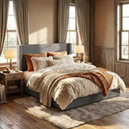 Cadre de lit plateforme DobleePy Queen Size en velours côtelé, gris, tiroirs de rangement, tête de lit capitonnée à oreilles, sommier tapissier non requis